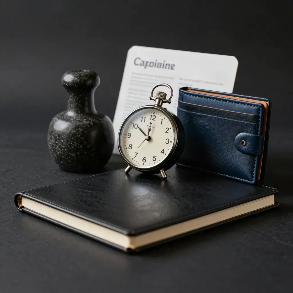 Mörkt kampanjkit med timer, notepad och kortfodral på svart yta