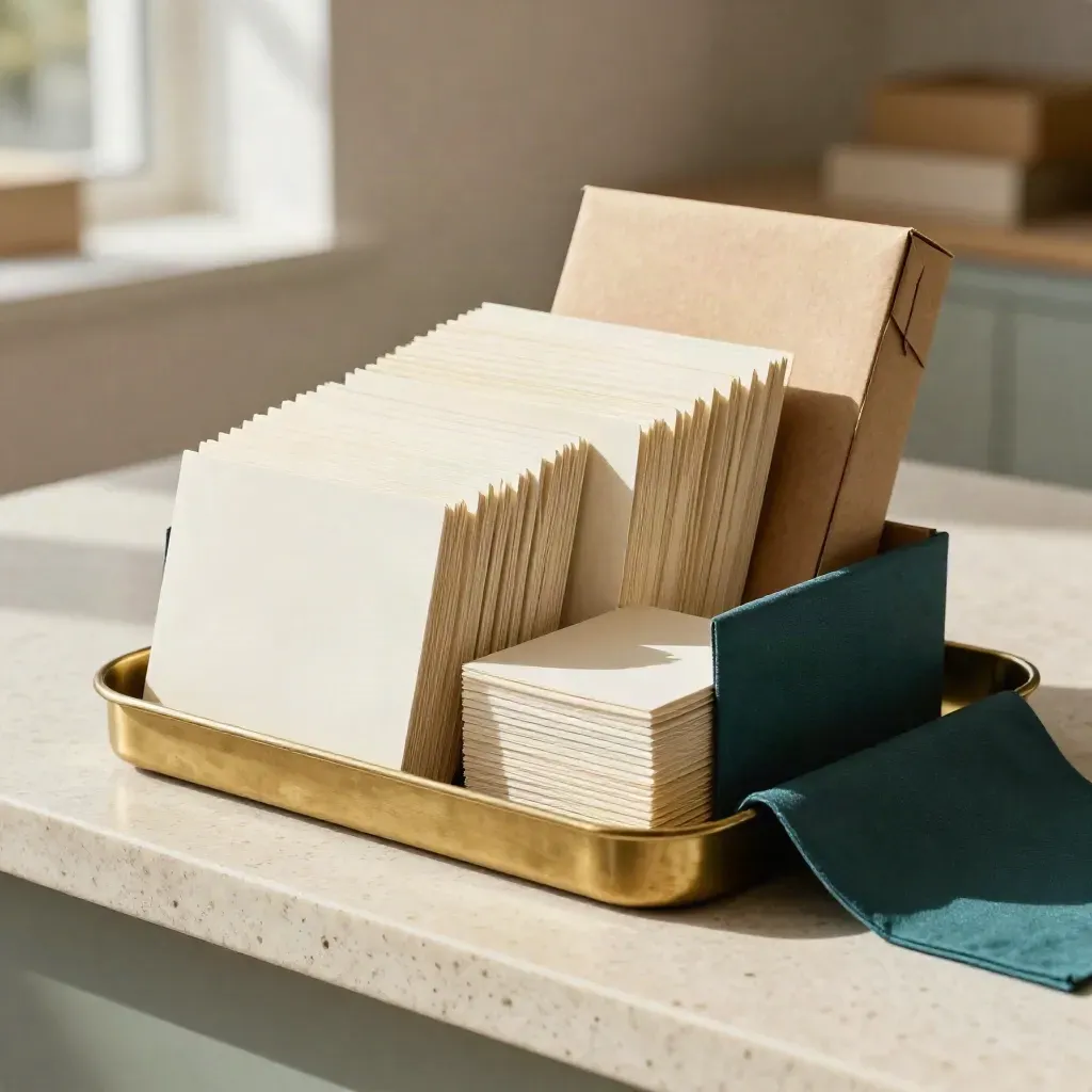 Teal tyg, metallbricka och kampanjpaket i varmt solljus på travertin.