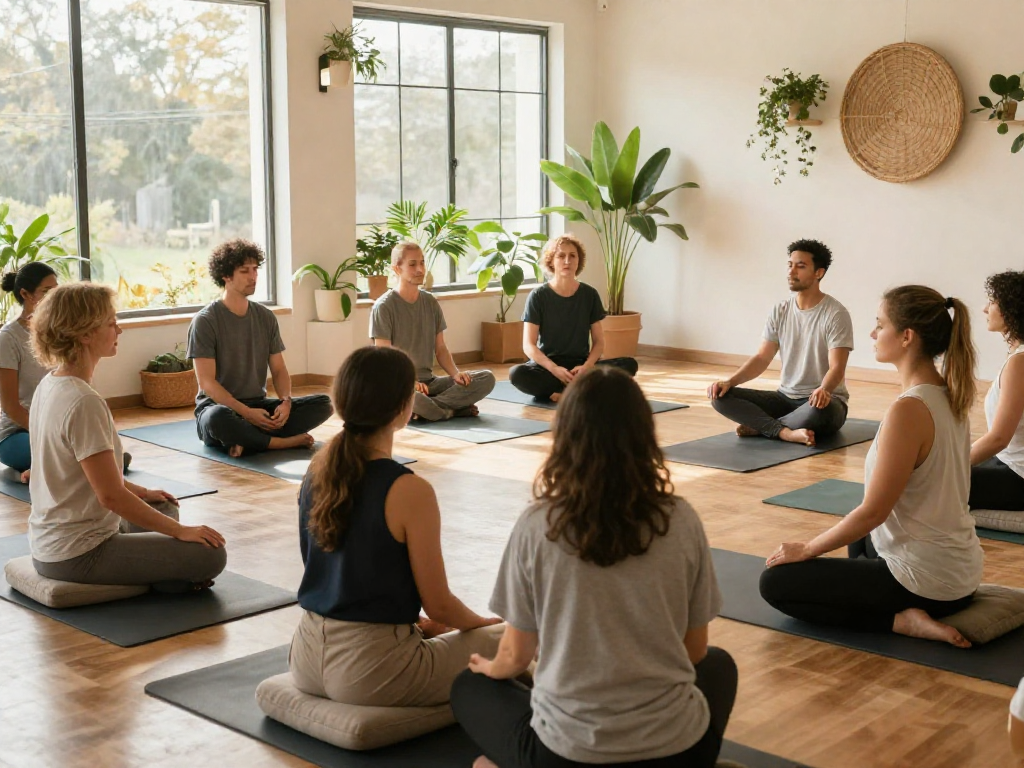 Group practicing mindfulness and wellness techniques at rokok88's mental health space.