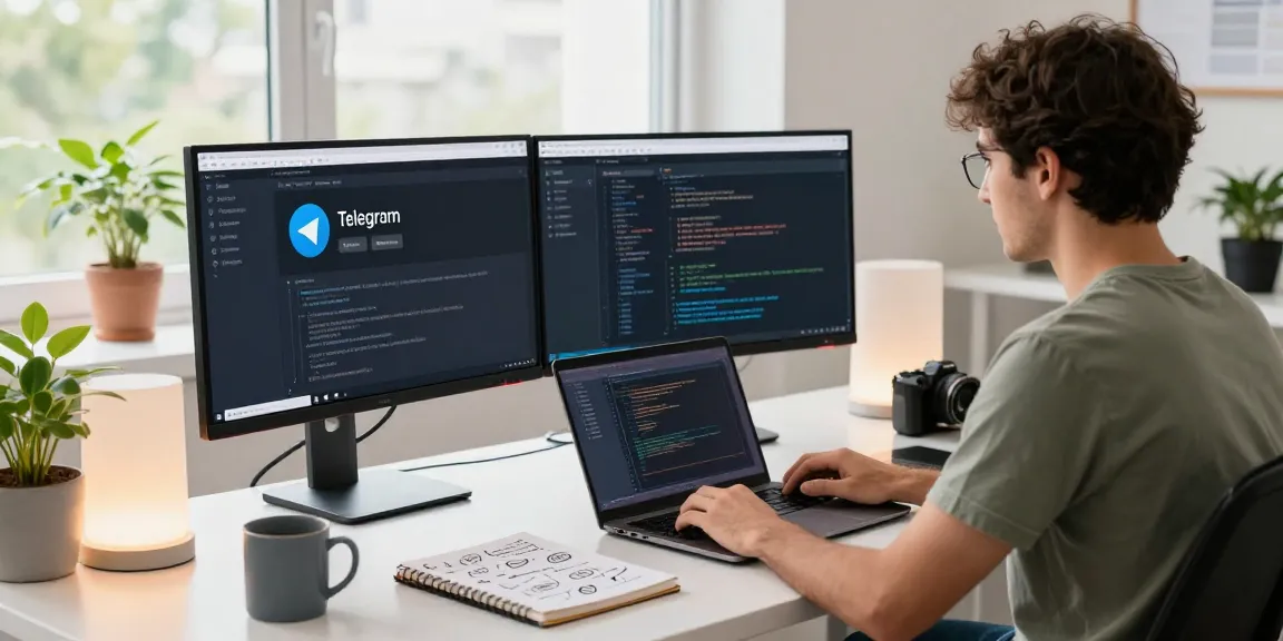 Using the Telegram Web Version on dual monitors in a modern tech workspace, showcasing productivity and innovation.